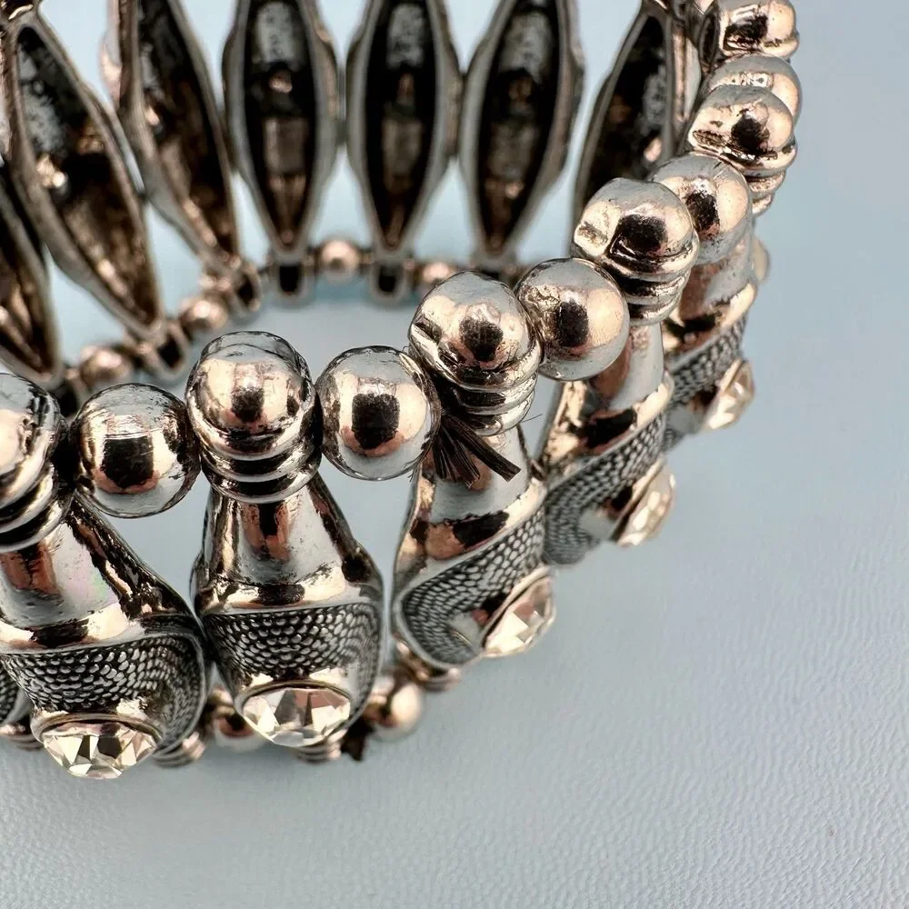 Vintage Chunky Stretch Bracelet Silver Tone Textured Wide Bead Clear Rhinestone